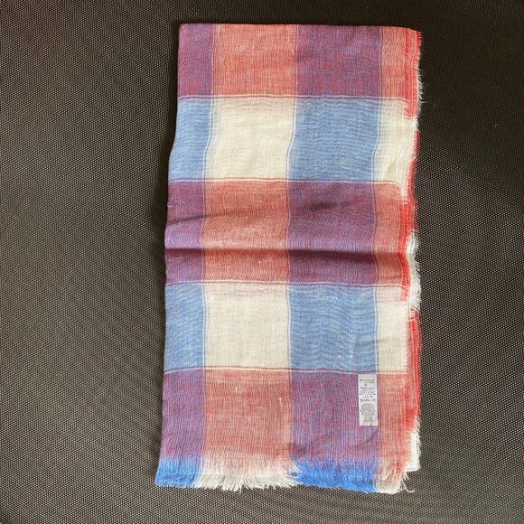NWT Made In Italy 100% Linen Frayed Scarf Wrap Red Blue White Plaid 20 x 78 in - Picture 7 of 8